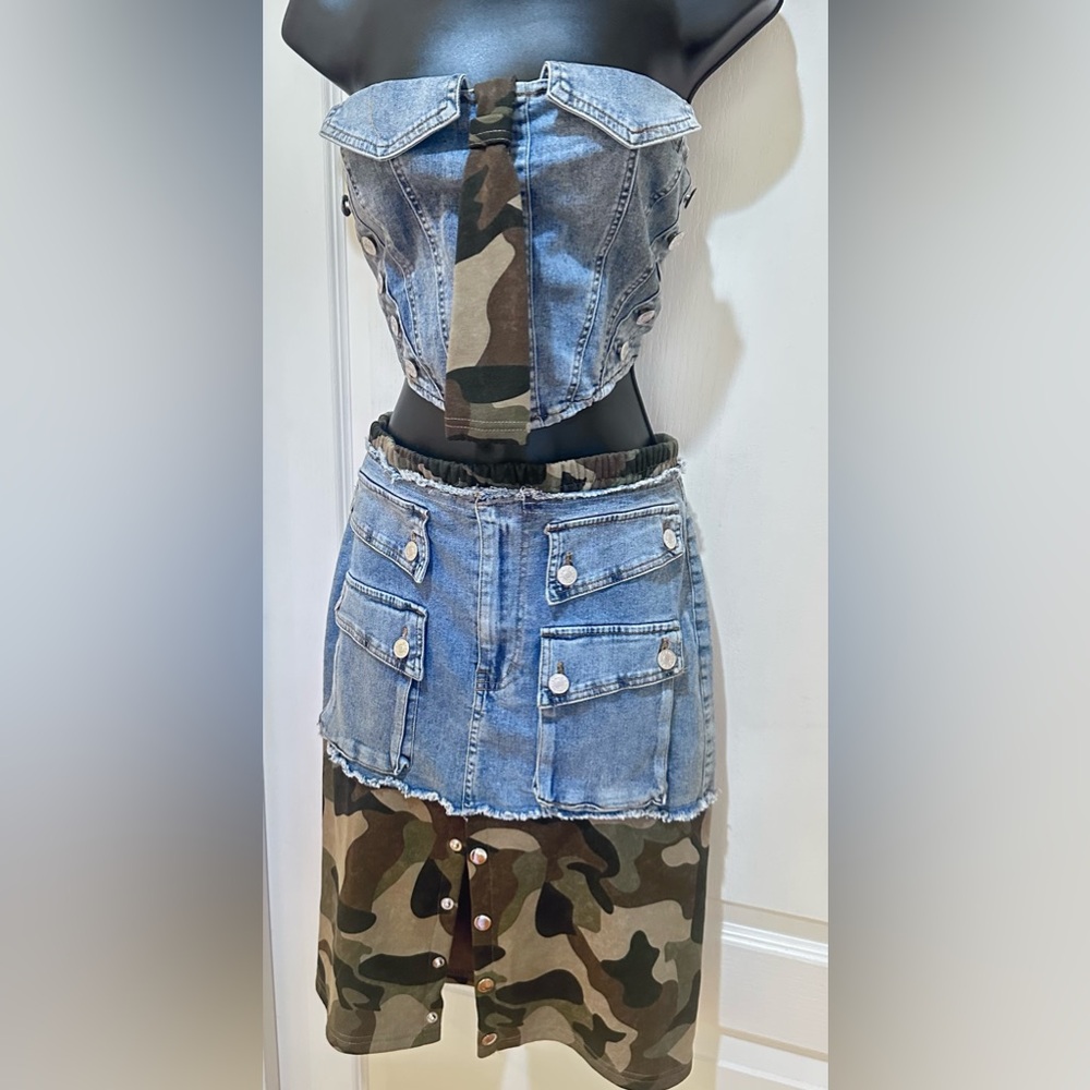 Upcycled Camouflage and Denim Skirt set size L - Picture 6 of 7